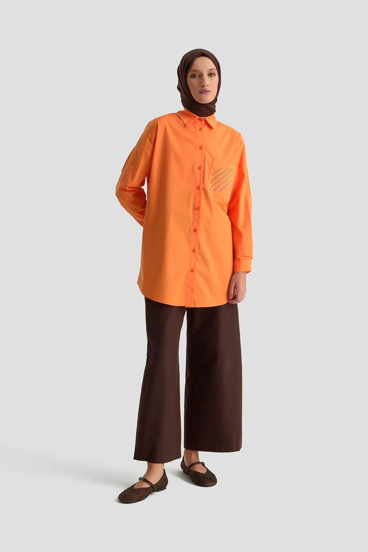 Gömlek Yaka Taş Detaylı Tunik-Oranj