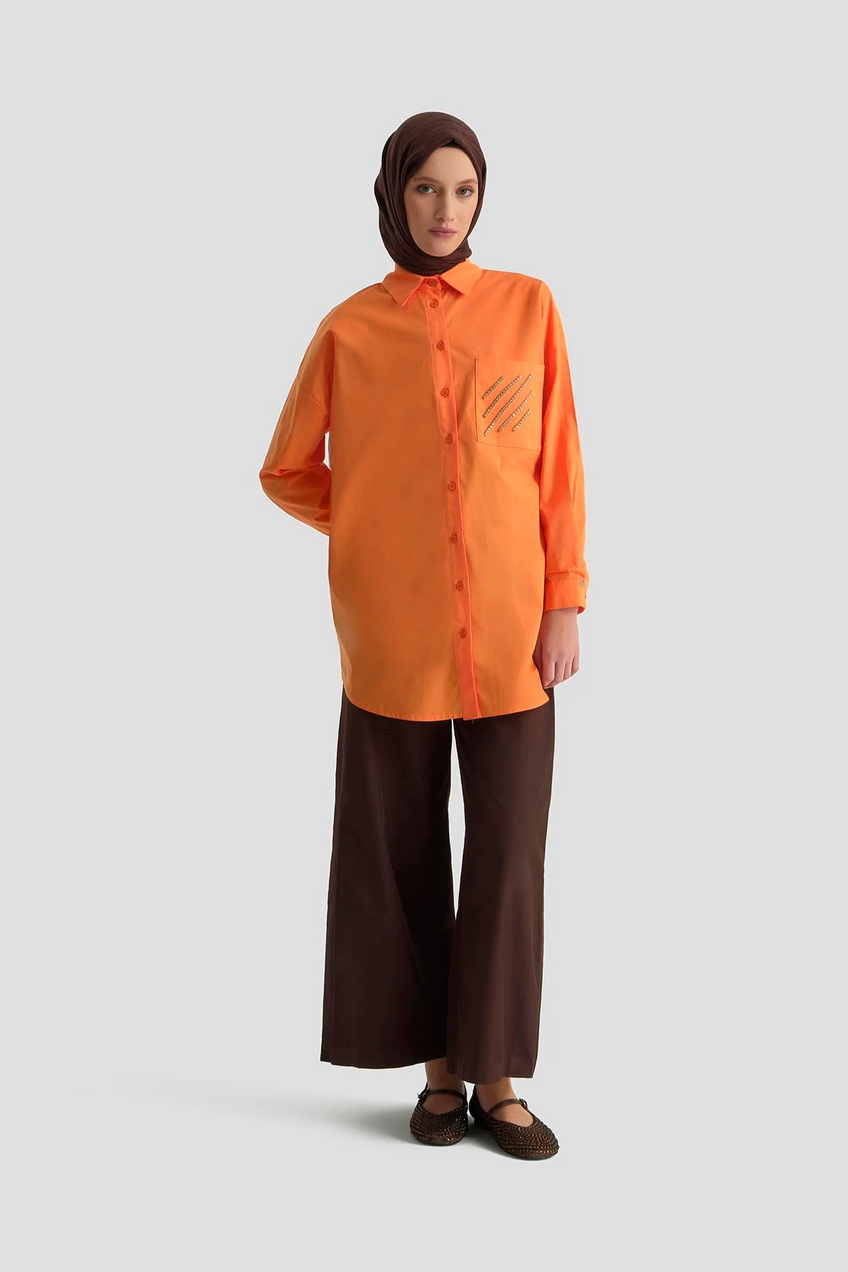 Gömlek Yaka Taş Detaylı Tunik-Oranj