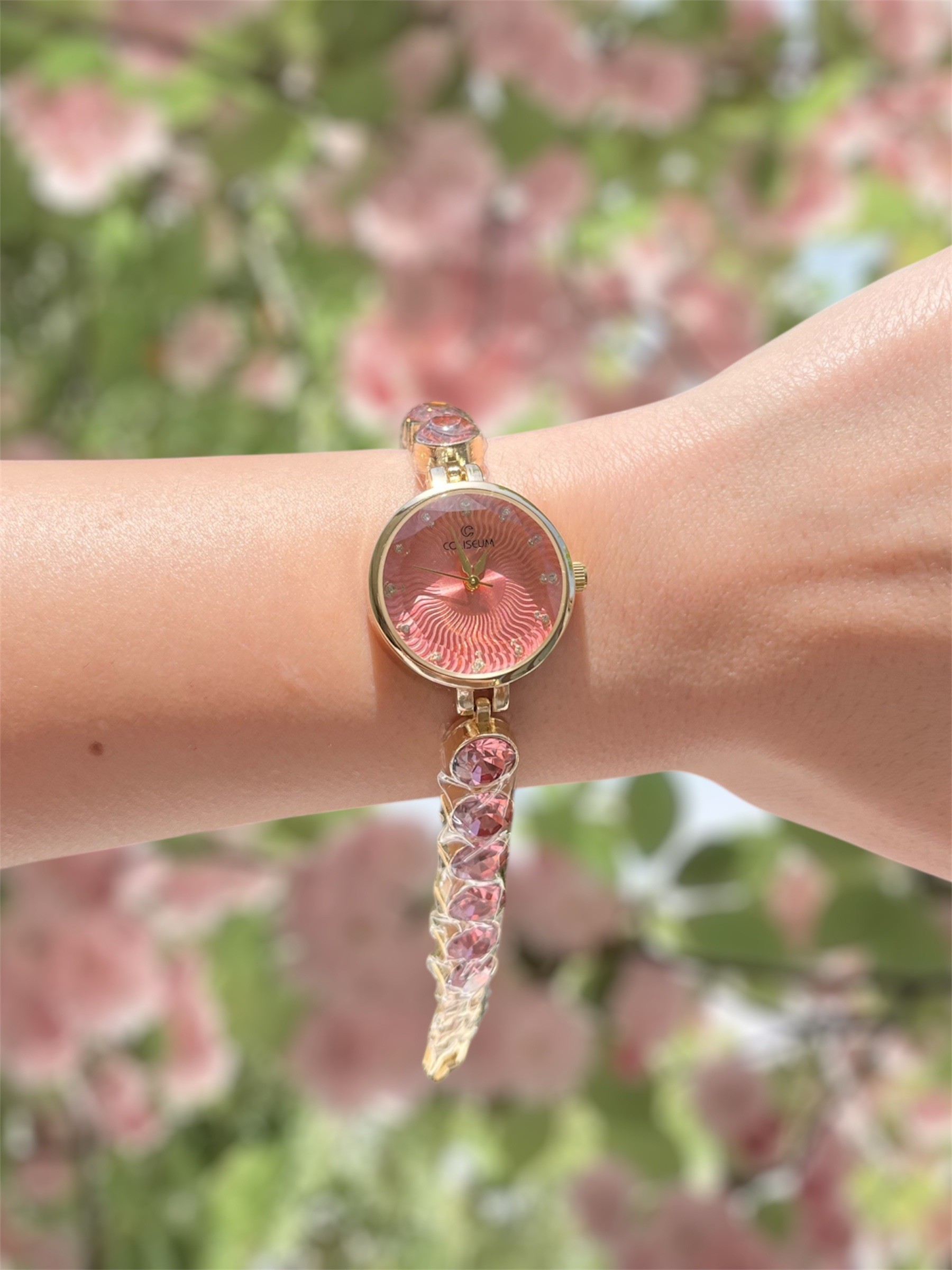 pembe taşlı saat gold