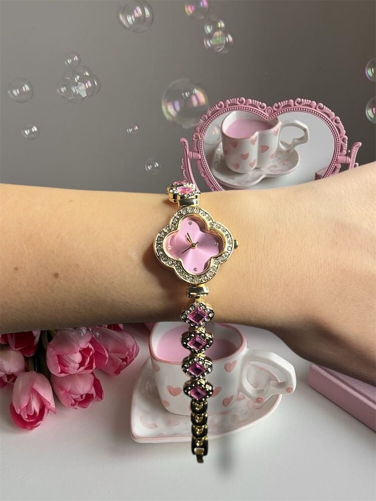 Pembe taşlı yonca saat gold