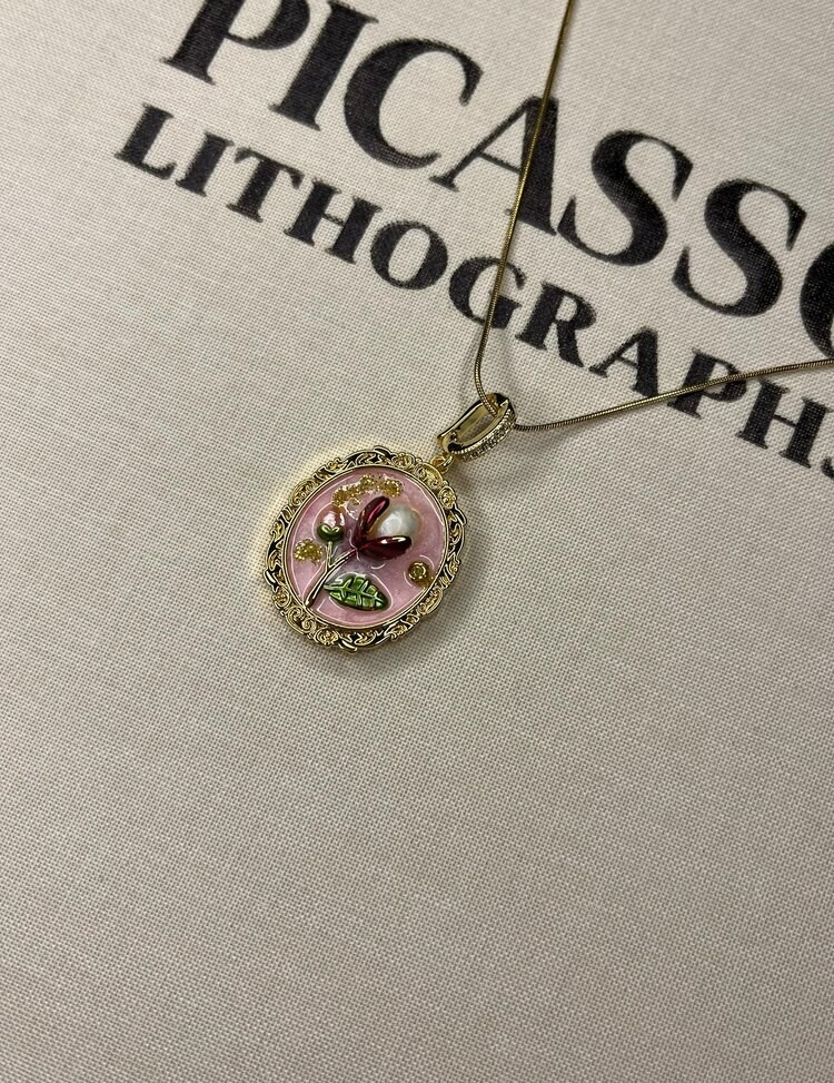 Sanat pink flower gold kolye
