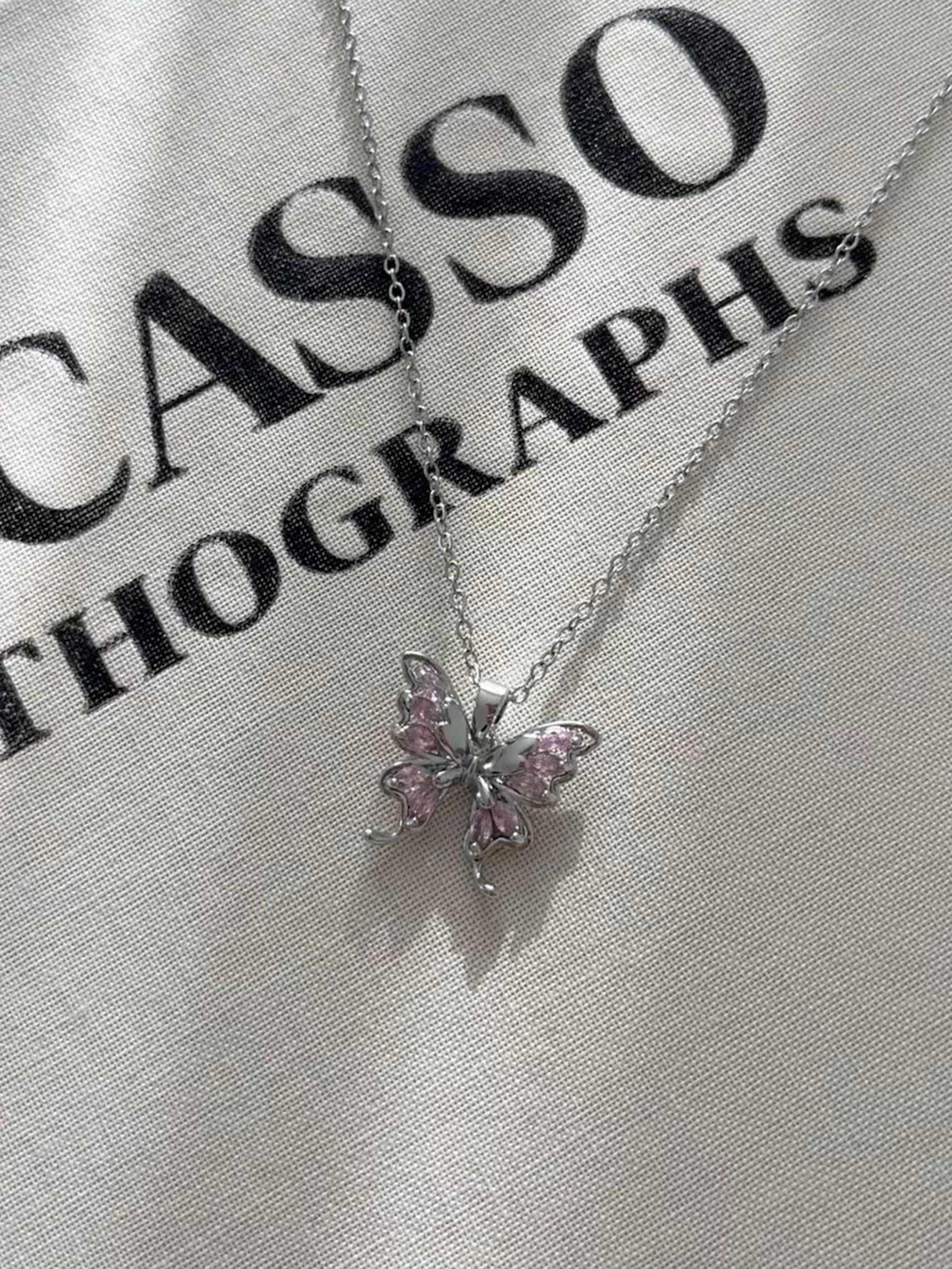 pembe kelebek kolye silver