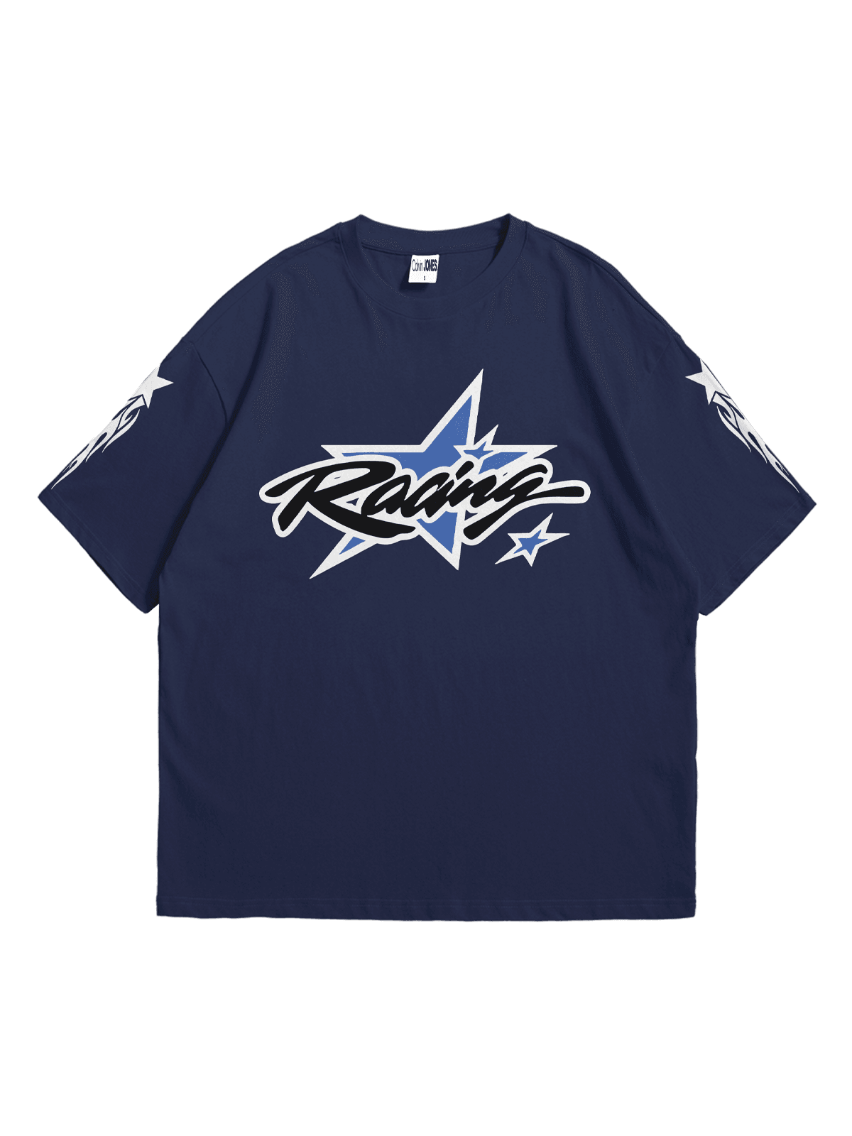 Koyu İndigo Racing Baskılı Oversize Bisiklet Yaka Kısa Kollu T-Shirt