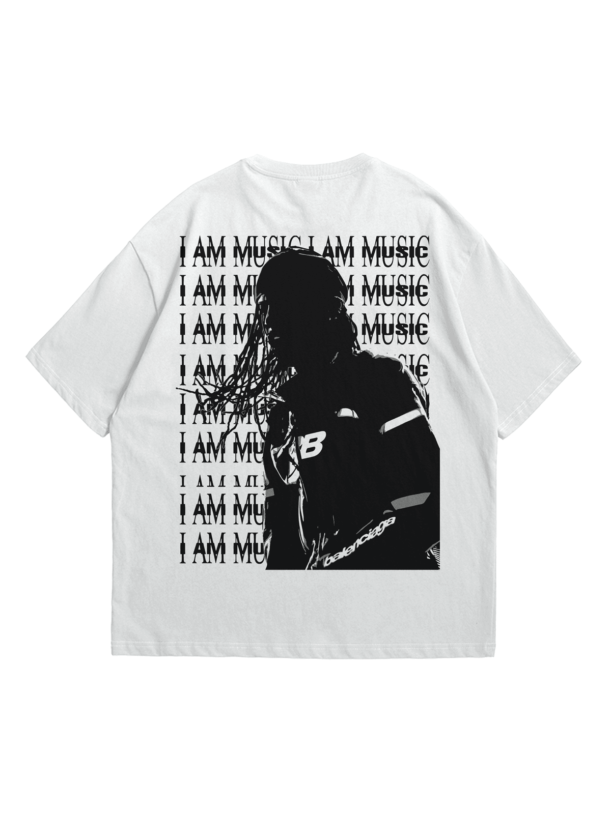 Beyaz I am Music Baskılı Oversize Bisiklet Yaka Kısa Kollu T-Shirt