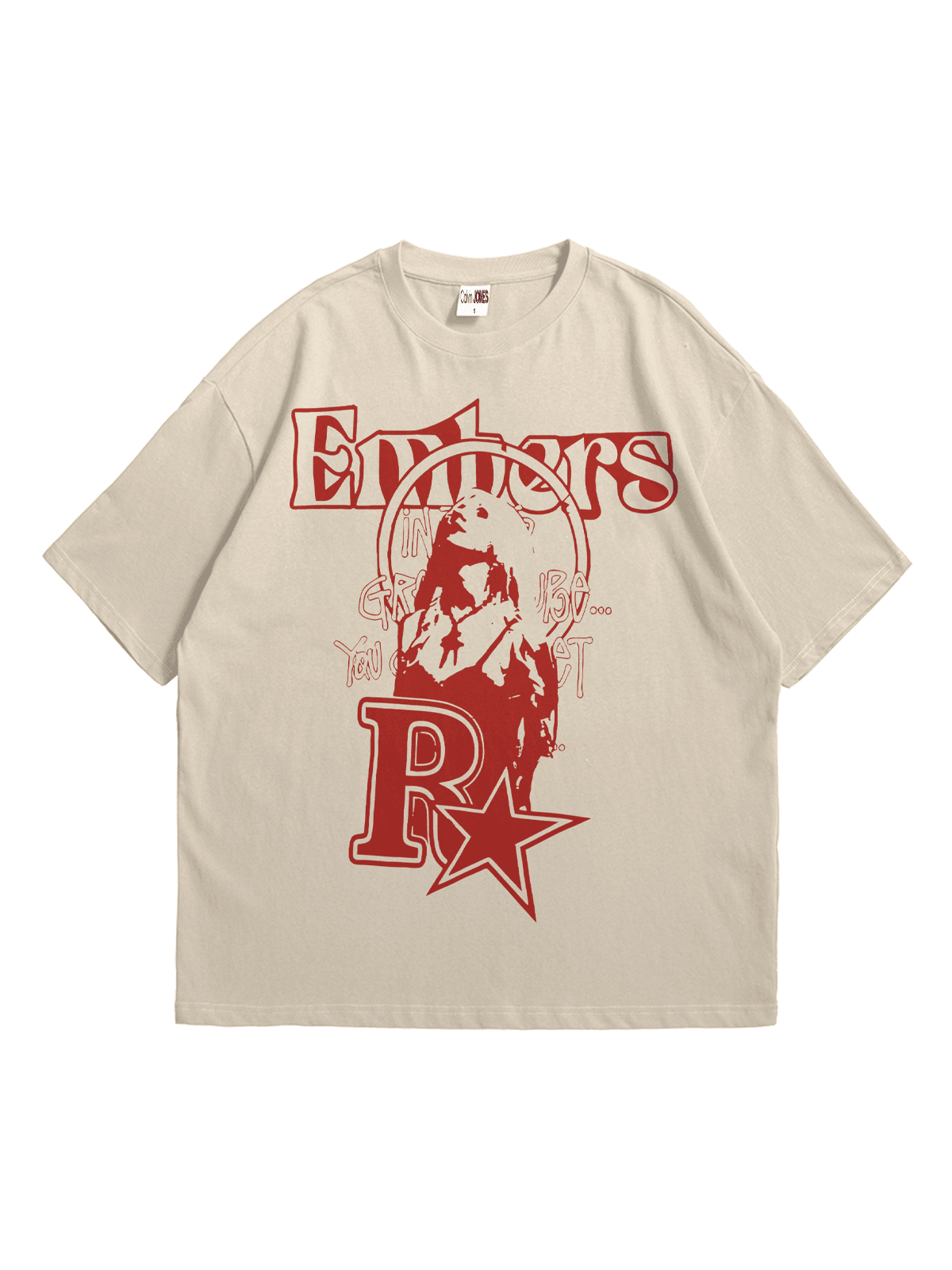Bej Embers Baskılı Oversize Bisiklet Yaka Kısa Kollu T-Shirt