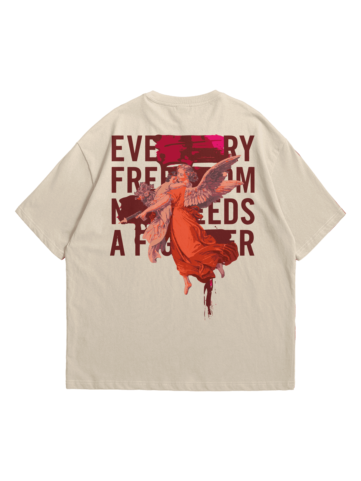 Bej Freedom Baskılı Oversize Bisiklet Yaka Kısa Kollu T-Shirt