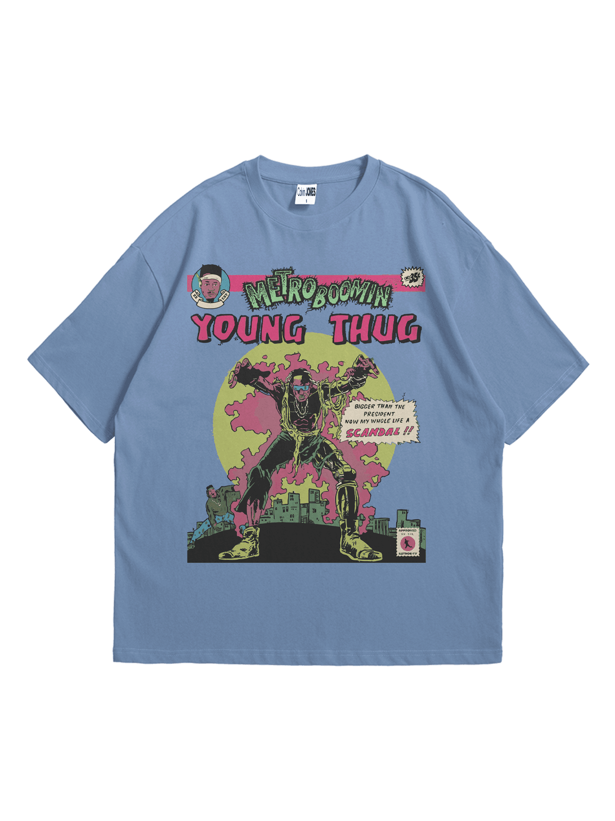 Açık İndigo Metroboomin Baskılı Oversize Bisiklet Yaka Kısa Kollu T-Shirt