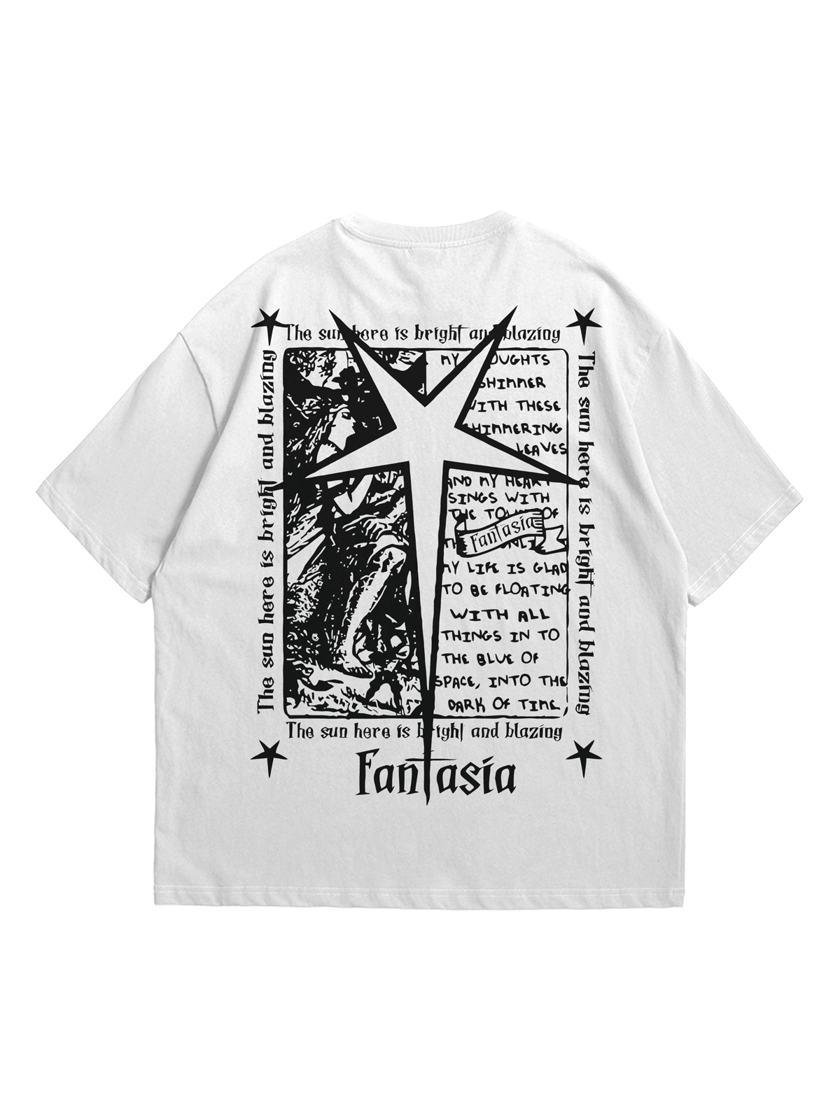 Beyaz Fantasia Baskılı Oversize Bisiklet Yaka Kısa Kollu T-Shirt