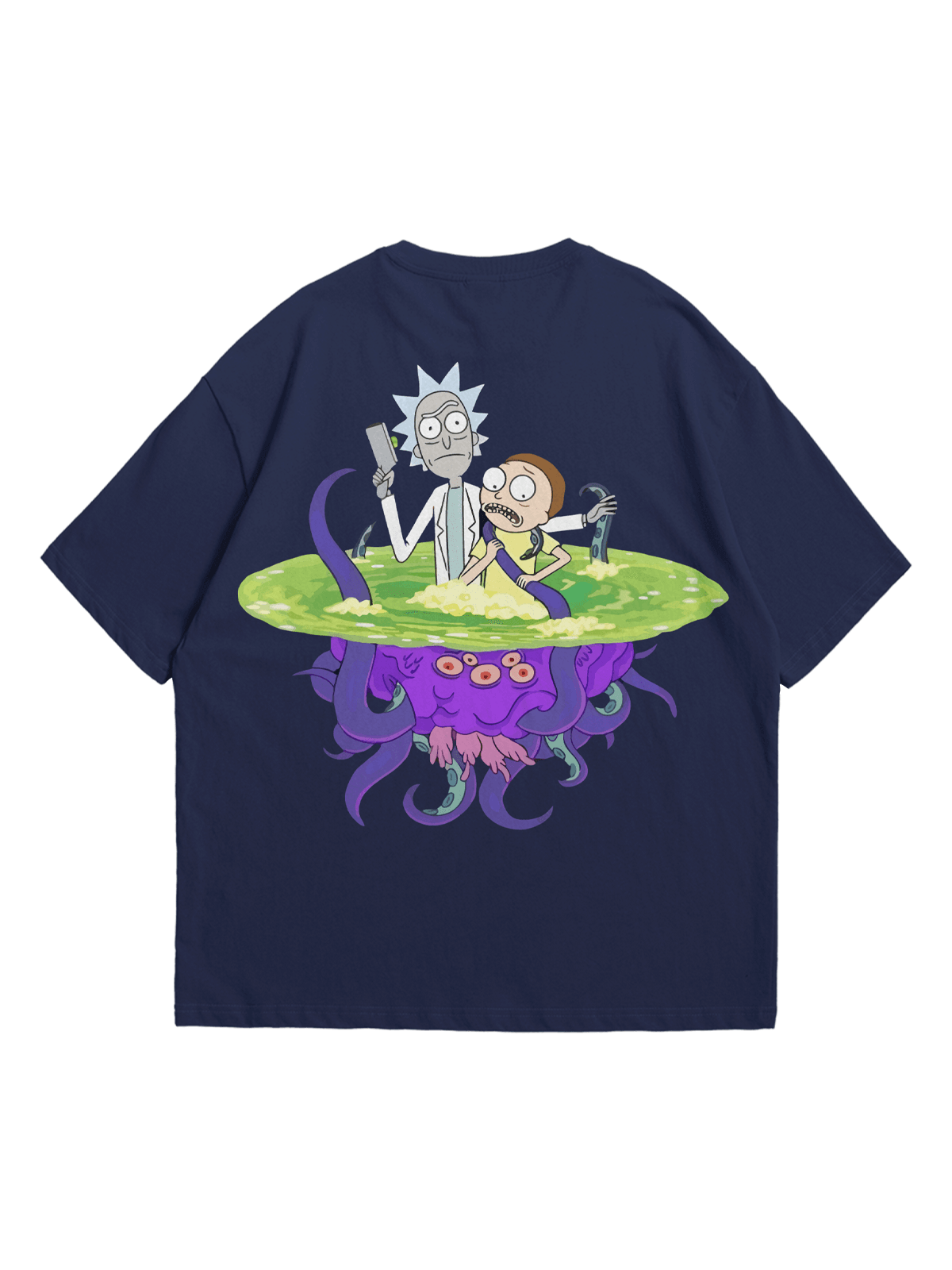 Koyu İndigo Rick Ahtapot Baskılı Oversize Bisiklet Yaka Kısa Kollu T-Shirt