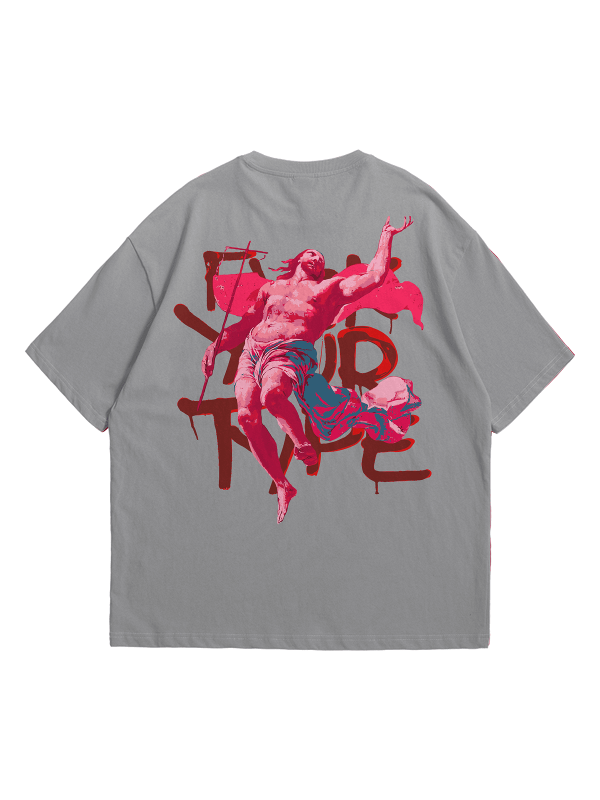 Gri Tuck Your Jesus Baskılı Oversize Bisiklet Yaka Kısa Kollu T-Shirt