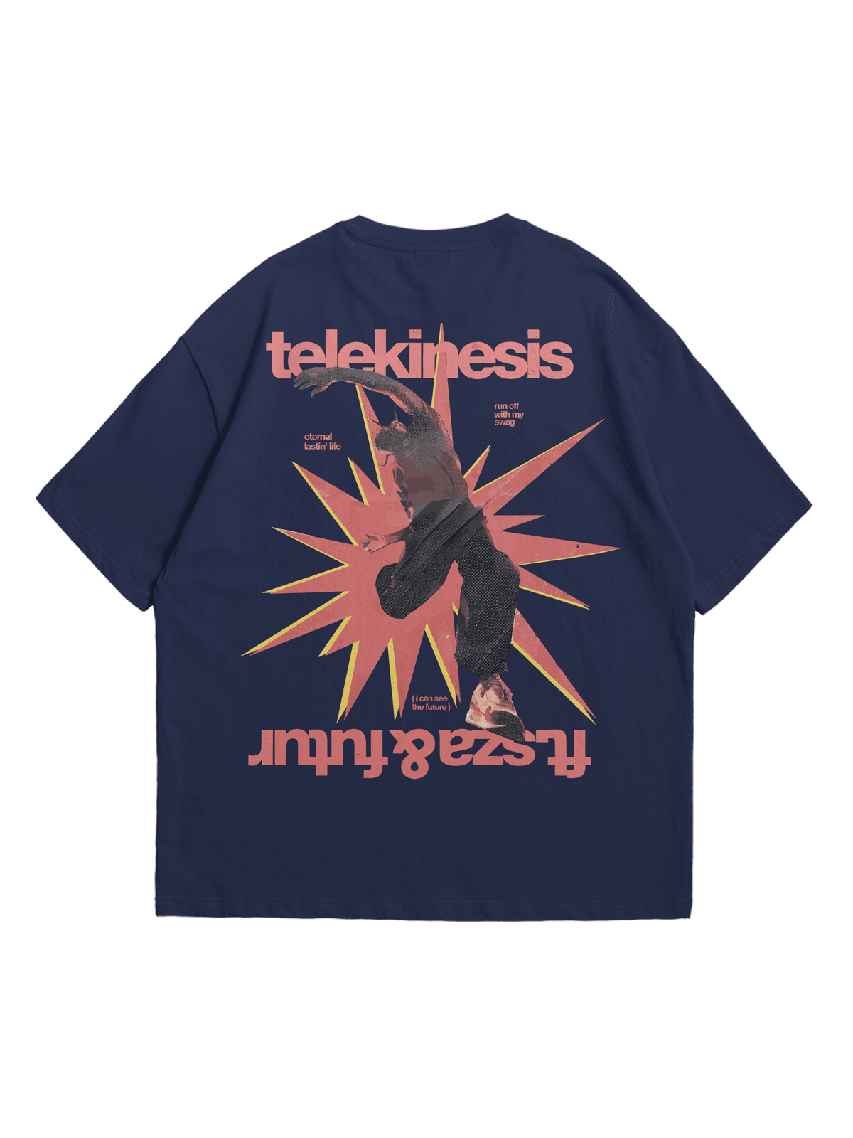 Koyu İndigo Telekinesis Baskılı Oversize Bisiklet Yaka Kısa Kollu T-Shirt