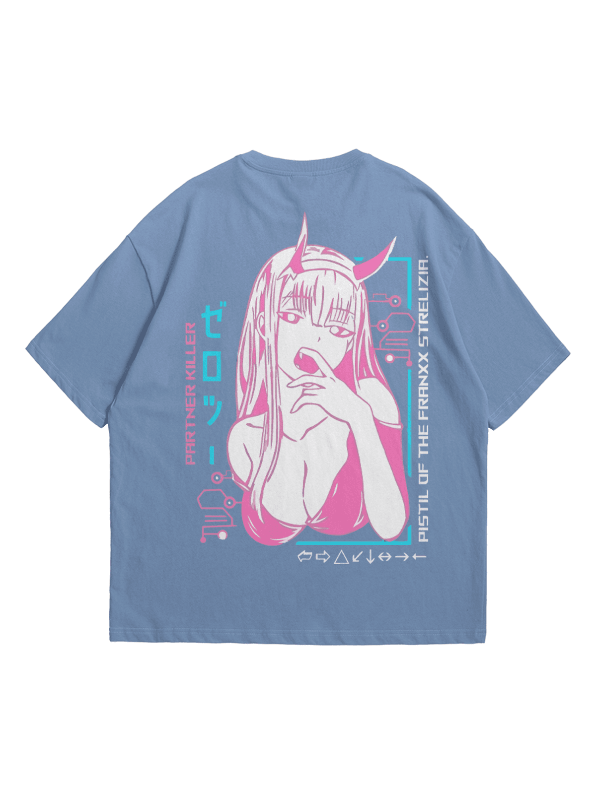 Açık İndigo Zero Two Anime Baskılı Oversize Bisiklet Yaka Kısa Kollu T-Shirt
