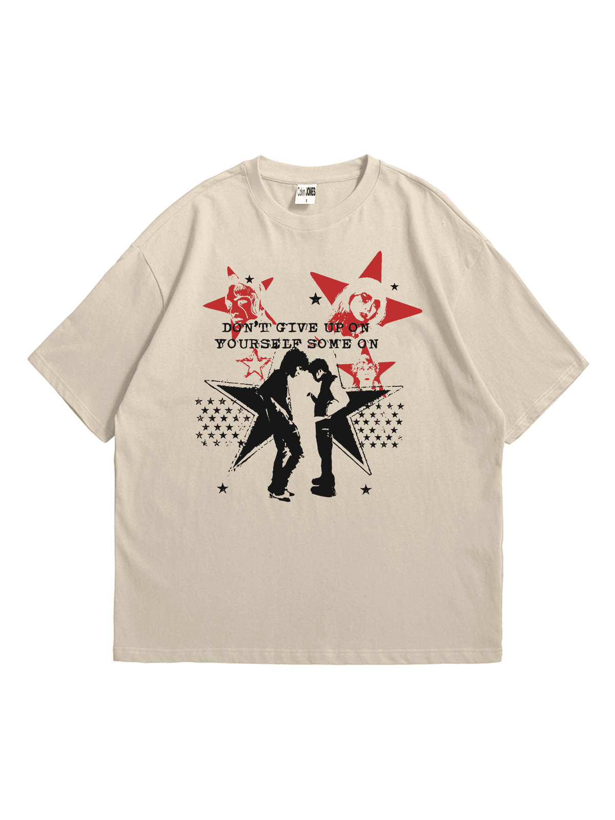 Bej Dont Give Up Baskılı Oversize Bisiklet Yaka Kısa Kollu T-Shirt