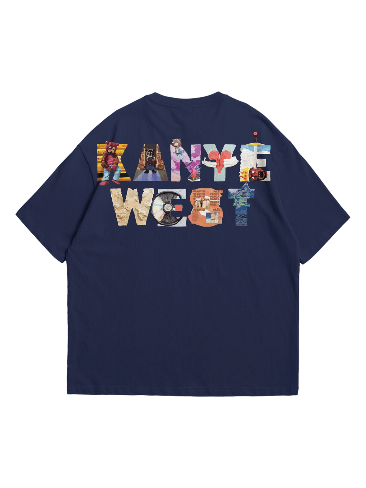 Koyu İndigo Kanye Typo Baskılı Oversize Bisiklet Yaka Kısa Kollu T-Shirt
