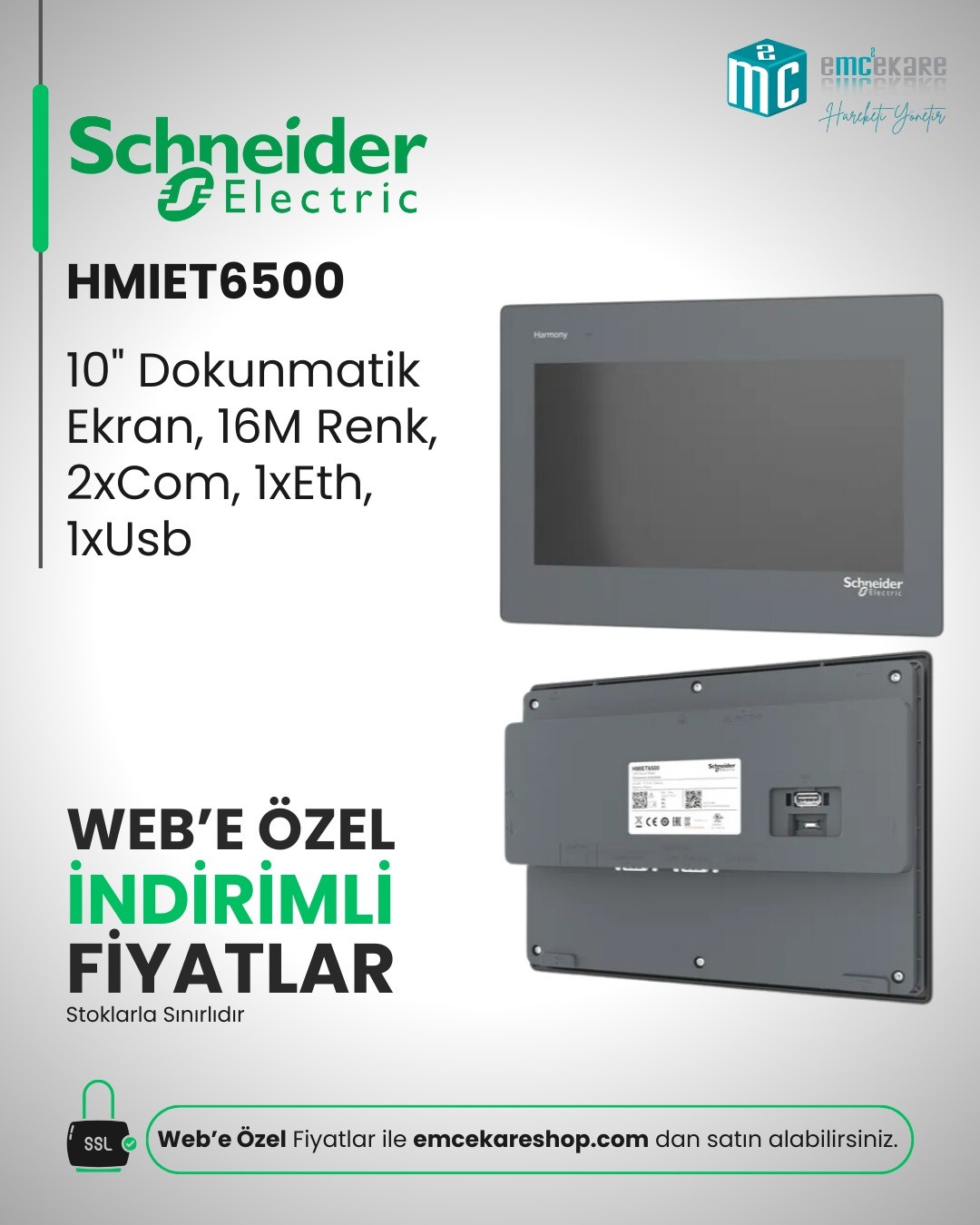 SCHNEIDER HMIET6500 / 10" Geniş Ekran Dokunmatik Panel, 16M Renk, Com x 2, Eth x 1, USB Ana Bilgisayar / Cihaz, RTC, DC24V