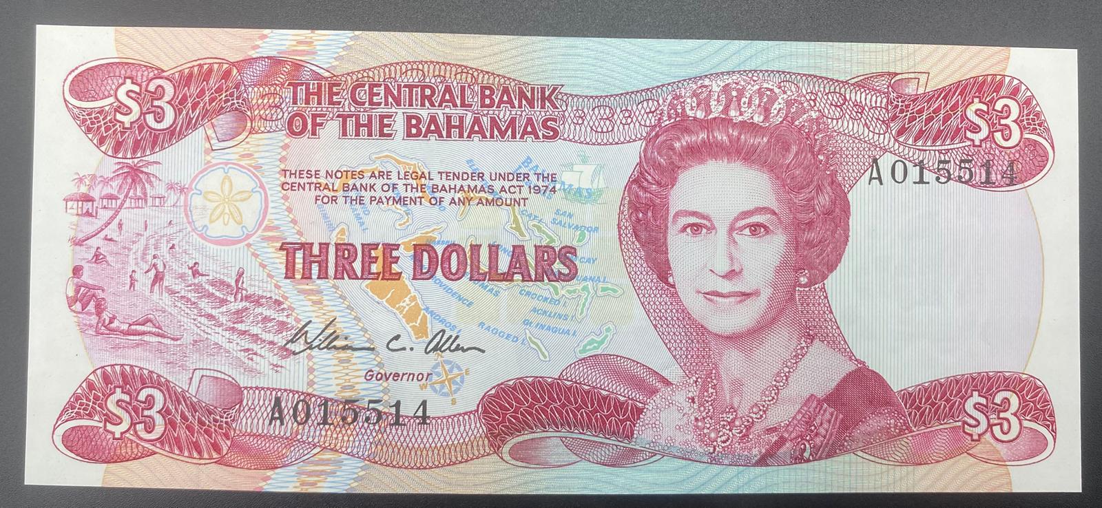 BAHAMALAR   3   DOLAR  1980 LER SERİSİ A SERİ