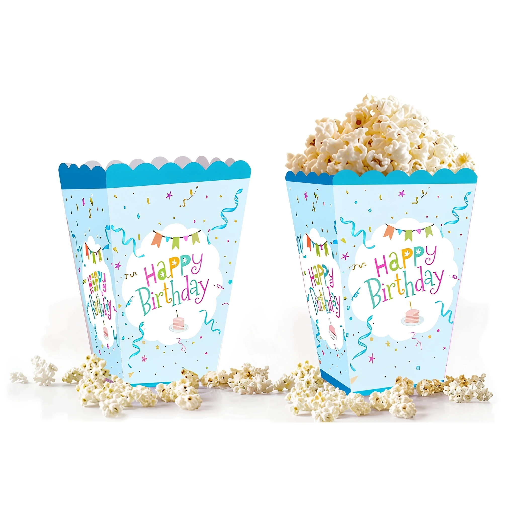 Happy Birthday Mavi Mısır (Popcorn) Kutusu 10’lu – Gıda Uyumlu Karton Parti Kutusu