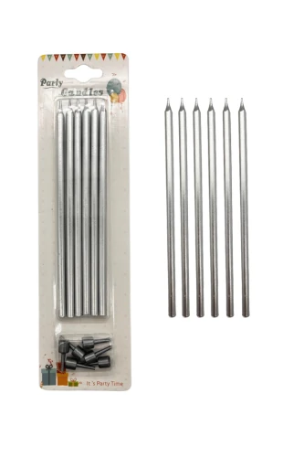 Uzun İnce Pasta Mumu 15 cm – 6’lı Gümüş