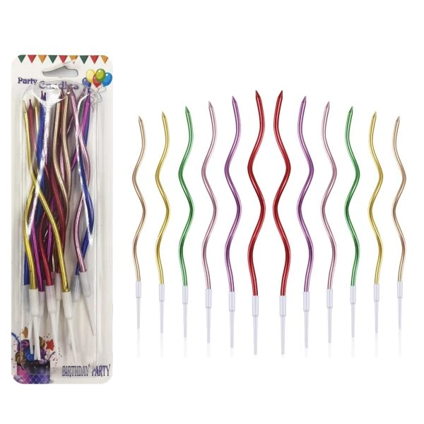 Renkli İnce Dalgalı Uzun Pasta Mumu 16 cm – 12’li 