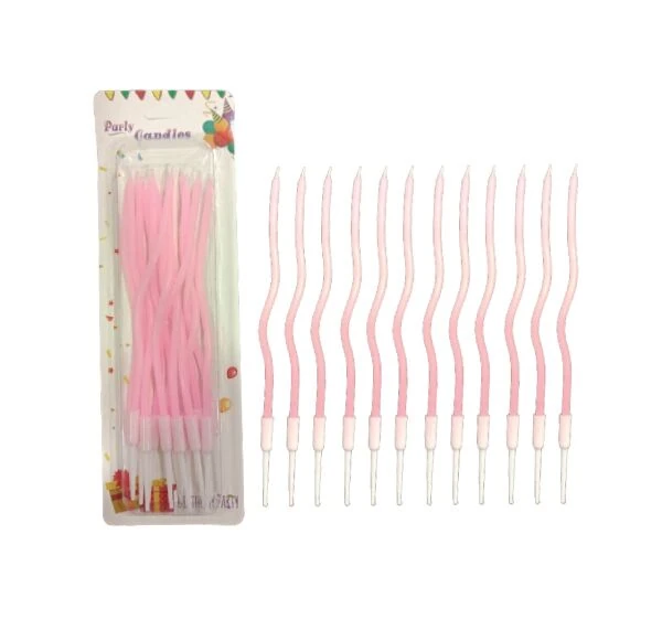 Pembe İnce Dalgalı Uzun Pasta Mumu 16 cm – 12’li 