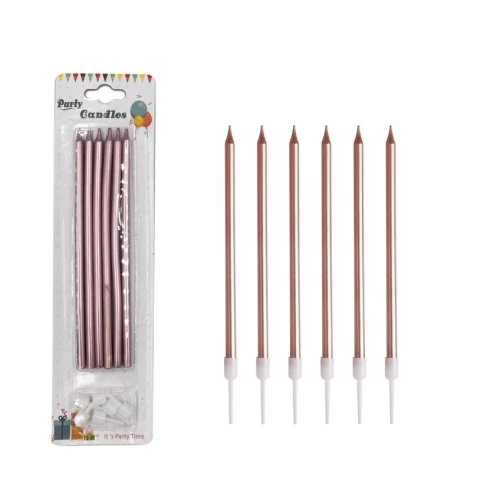 Uzun İnce Pasta Mumu 20 cm – 6’lı Rose Gold