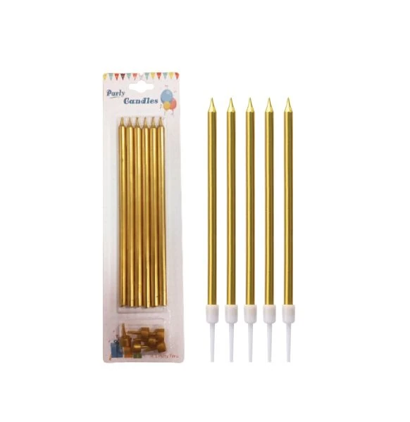 Uzun İnce Pasta Mumu 20 cm – 6’lı Gold
