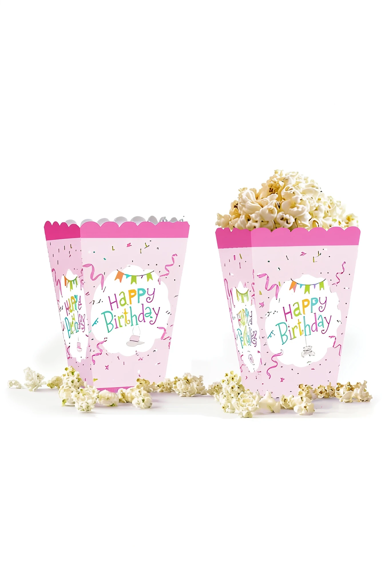 Happy Birthday Pembe Mısır (Popcorn) Kutusu 10’lu – Gıda Uyumlu Karton Parti Kutusu
