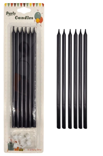 Uzun İnce Pasta Mumu 20 cm – 6’lı Siyah