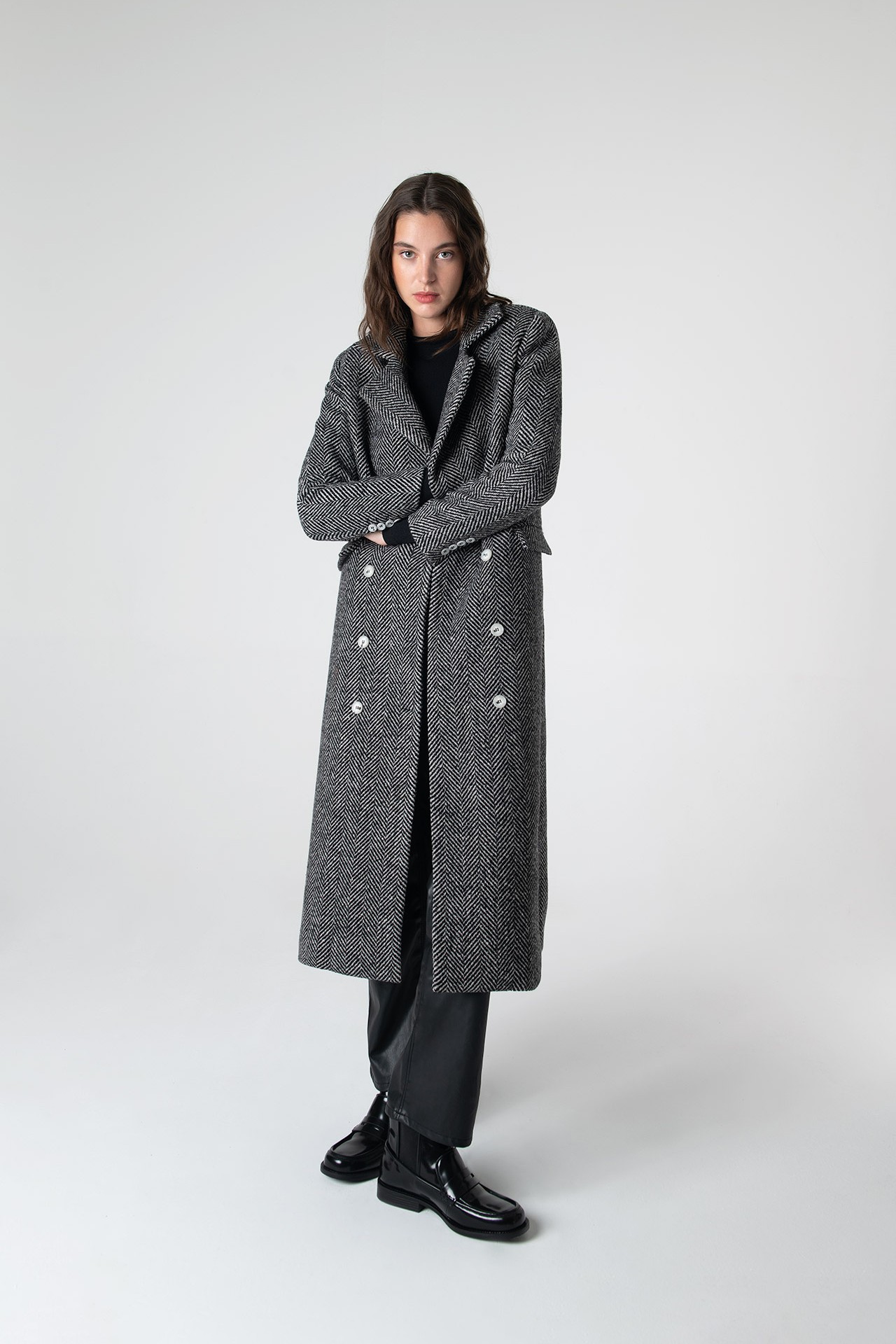 Adele Herringbone Coat - Black