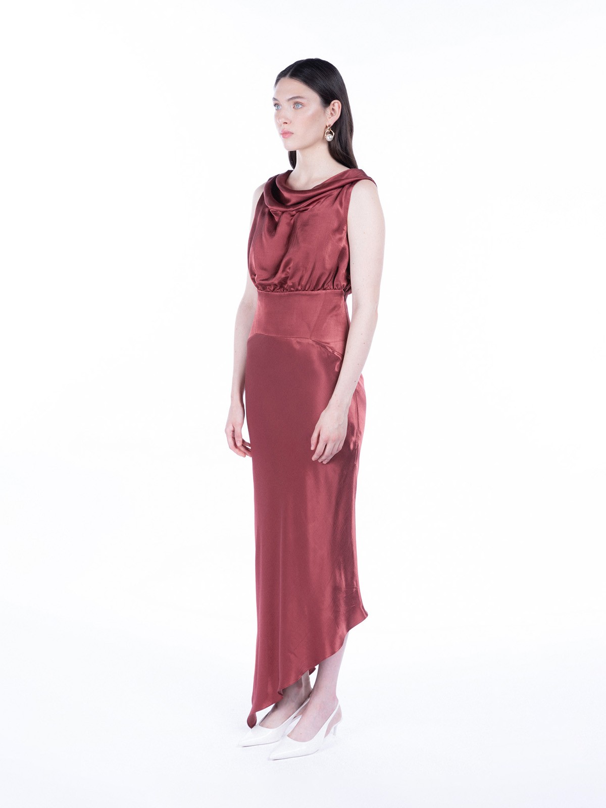 Lea Folded Neckline Sateen Dress - Koyu Allık