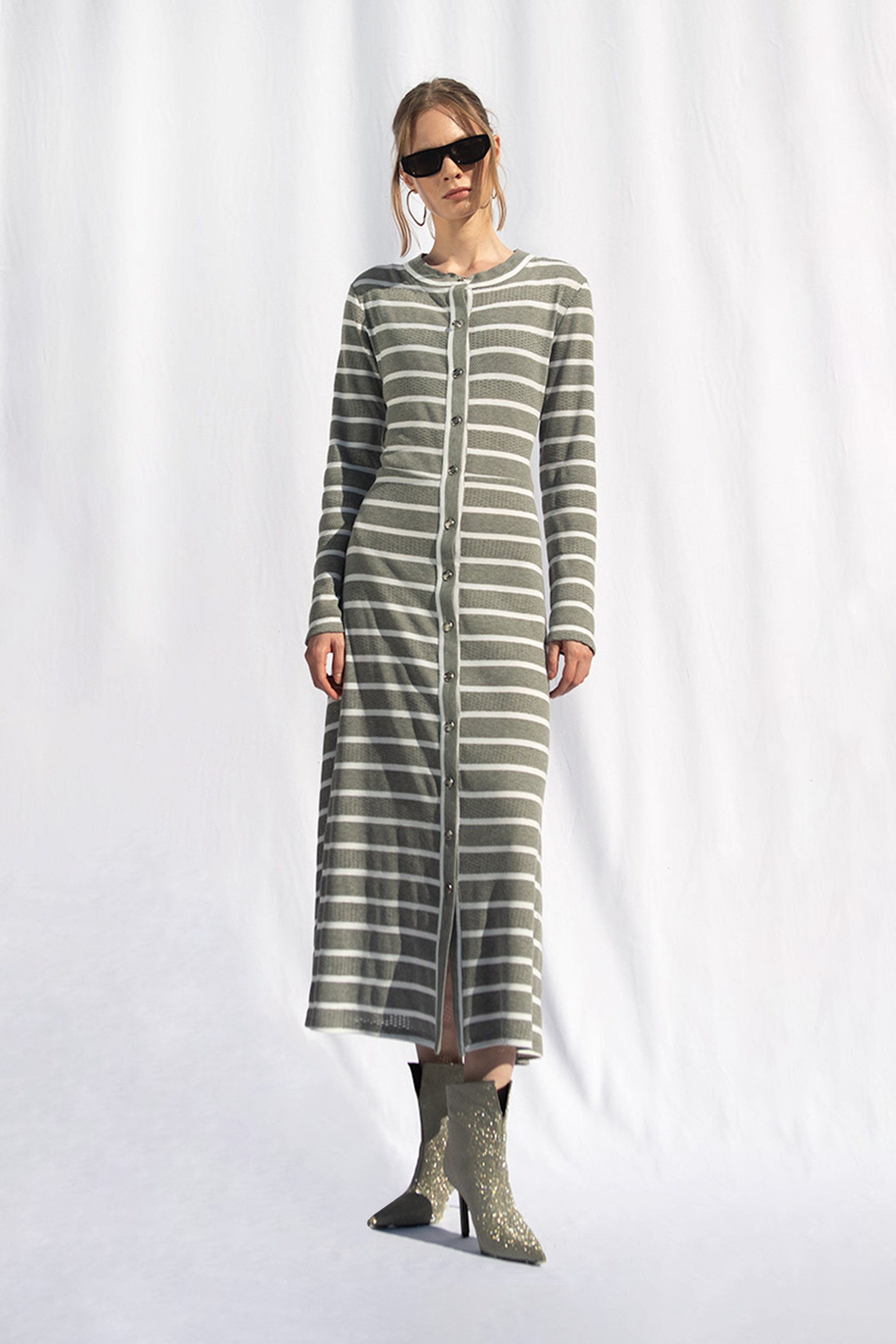 Marianne Stripe Maxi Dress - Soğuk Gri