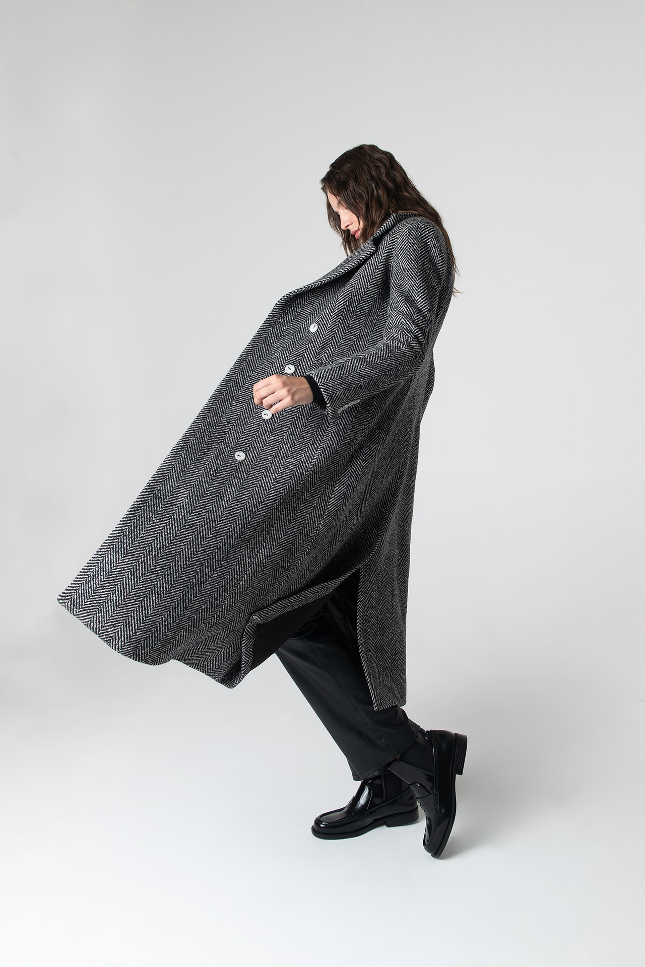 Adele Herringbone Coat - Black