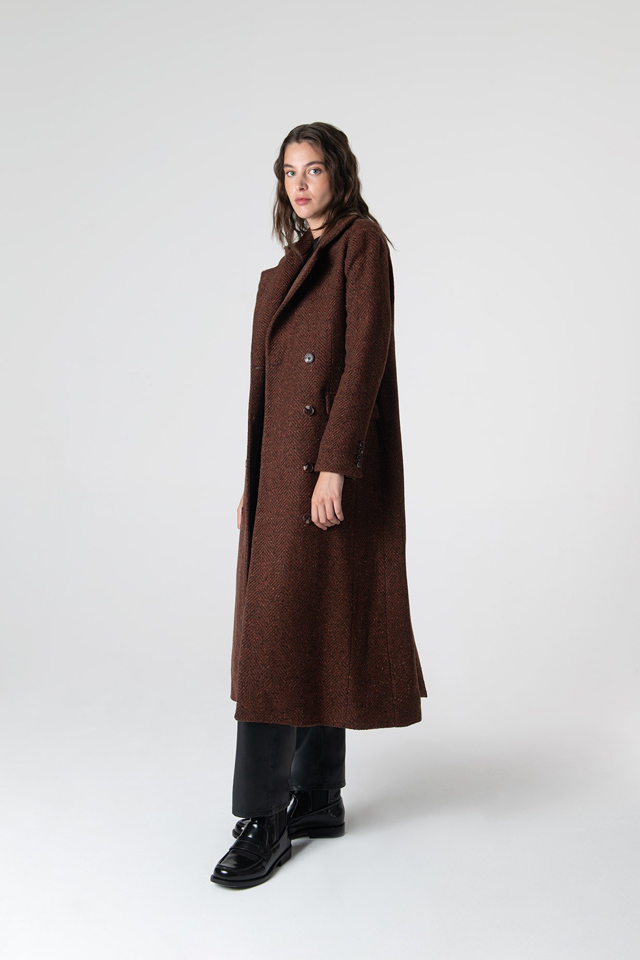 Adele Herringbone Coat - Brick Red