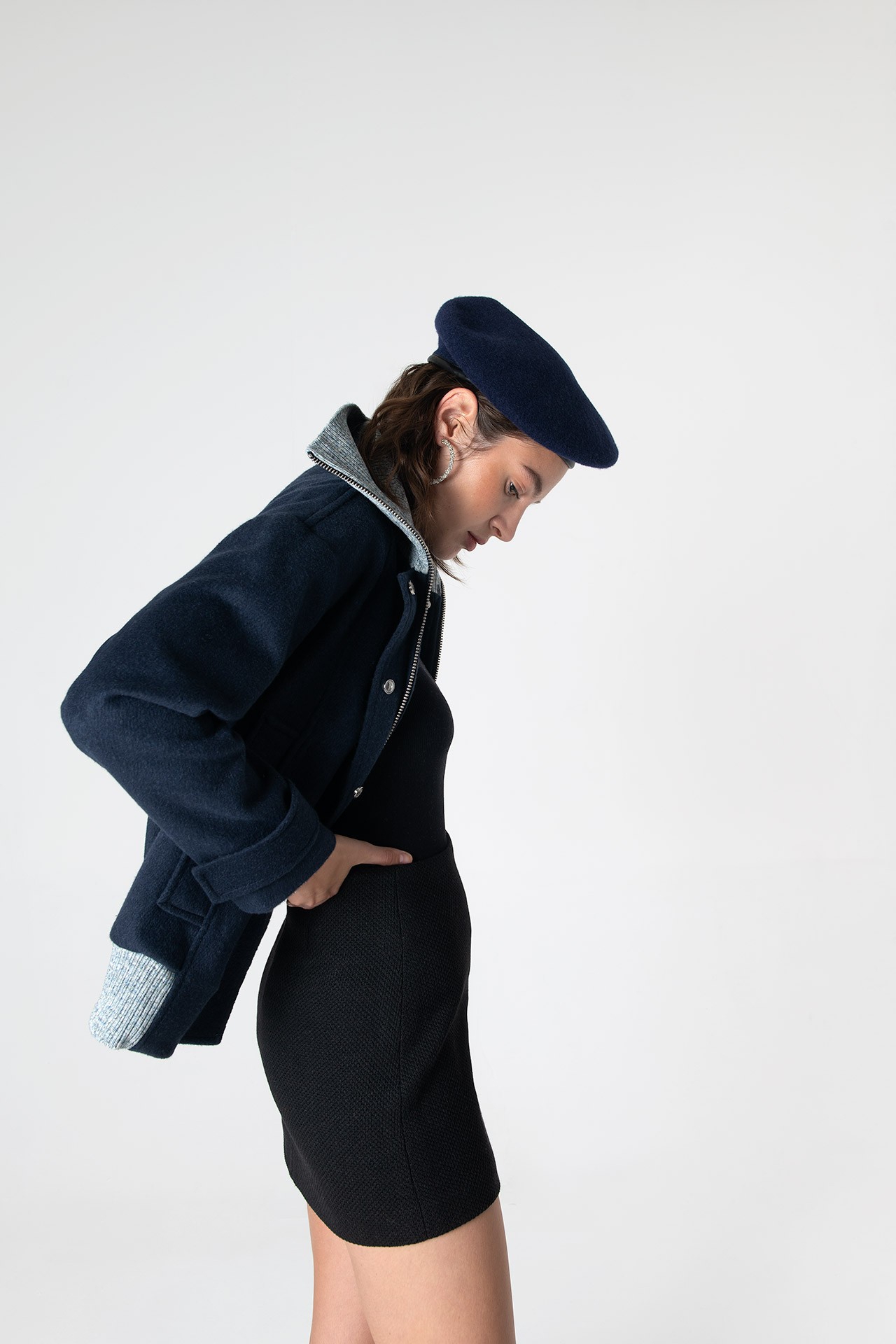 Grace Knit Collar Short Coat - Navy Blue