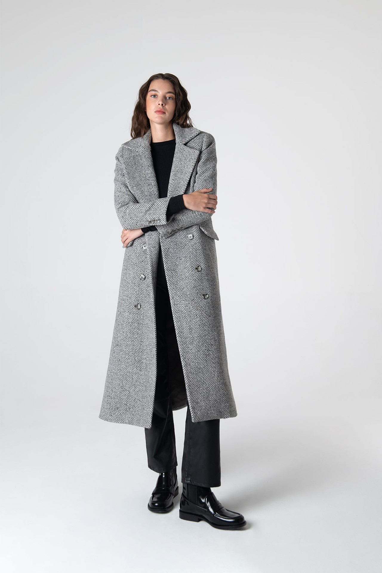 Adele Herringbone Coat - Cold Grey