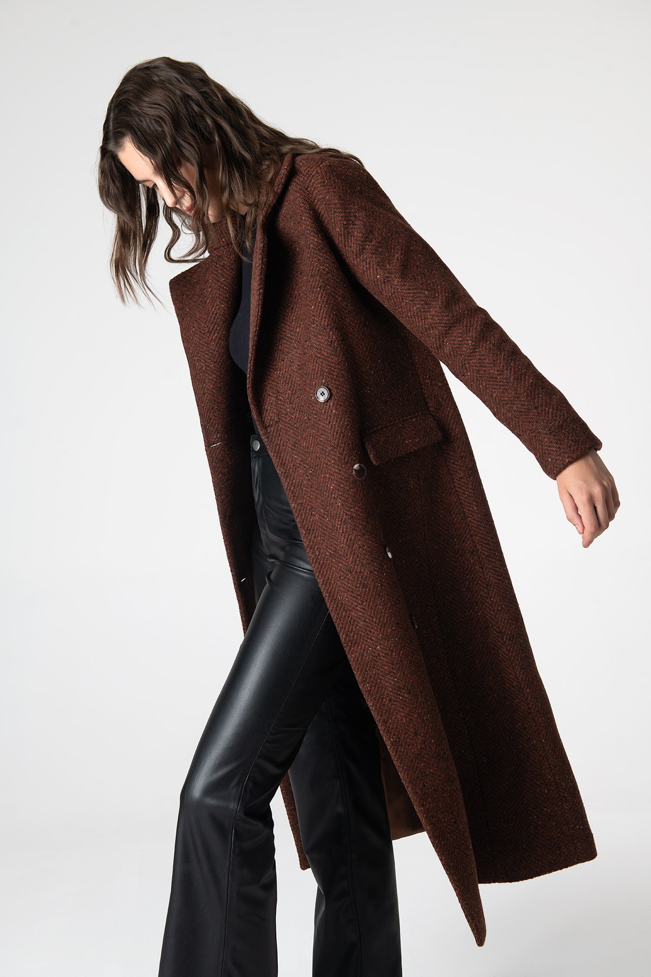 Adele Herringbone Coat - Brick Red