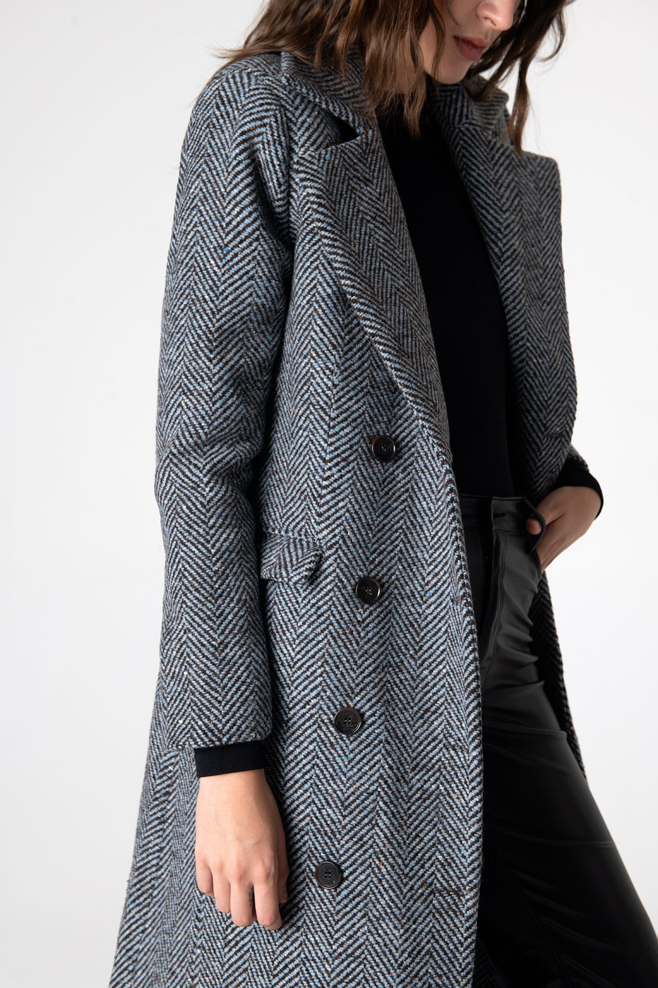 Adele Herringbone Coat - Baby Blue