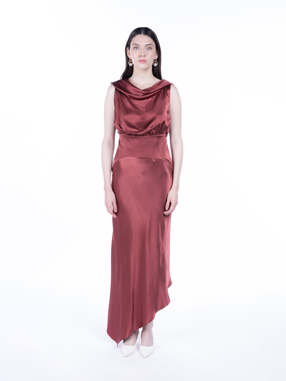 Lea Folded Neckline Sateen Dress - Koyu Allık