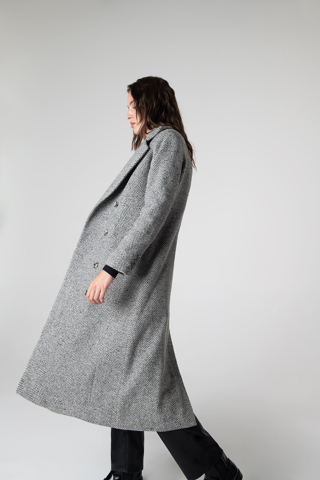 Adele Herringbone Coat - Cold Grey