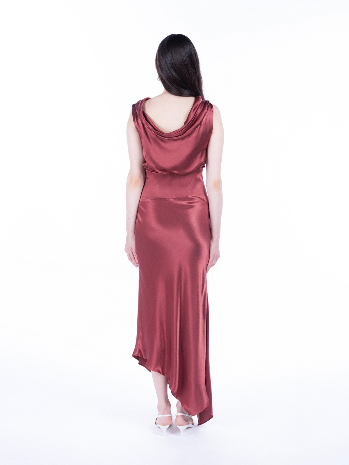 Lea Folded Neckline Sateen Dress - Koyu Allık