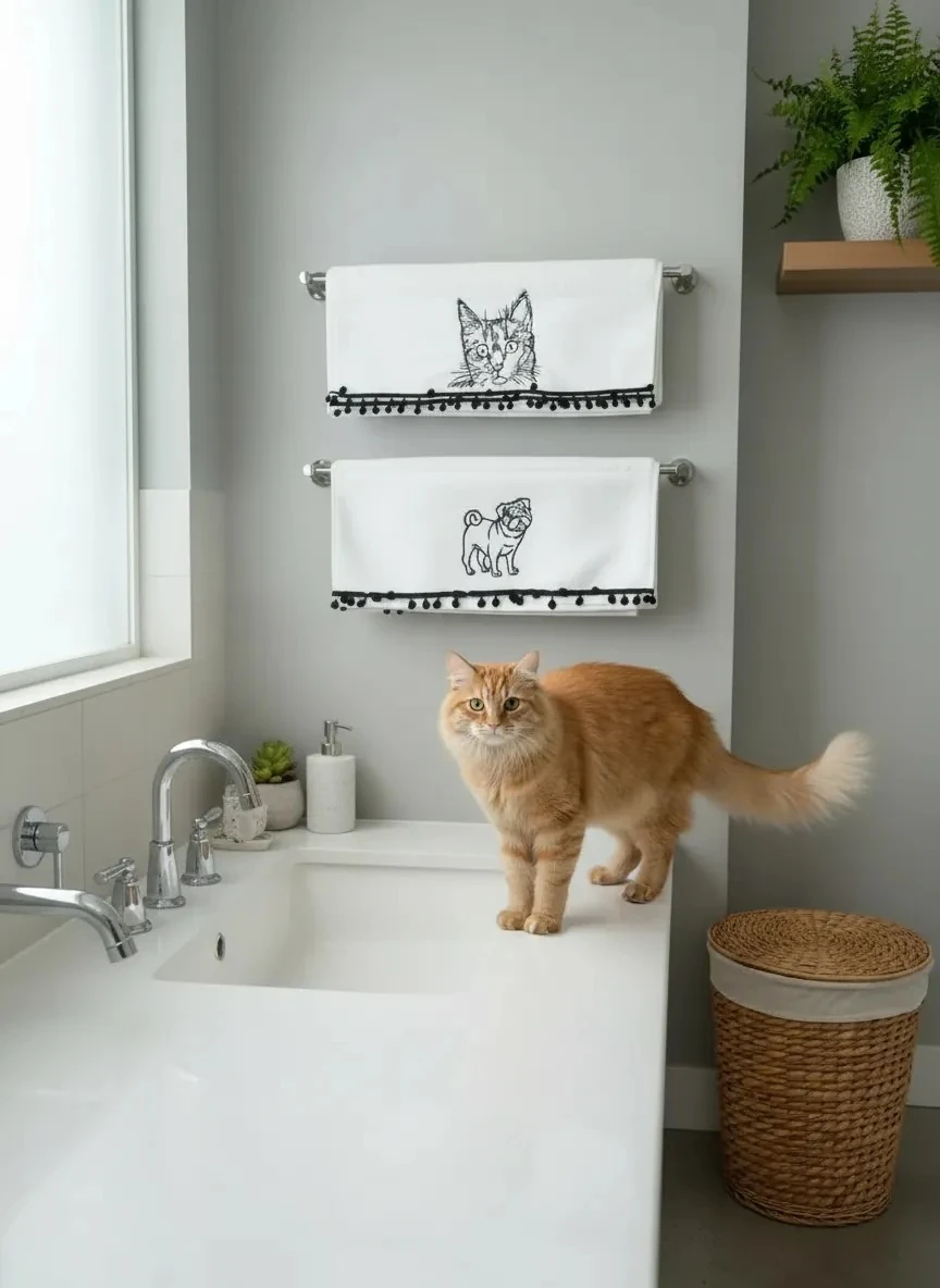 Dekomina Figürlü 2'li Yüz Havlu Seti - Kedi-Köpek Beyaz2