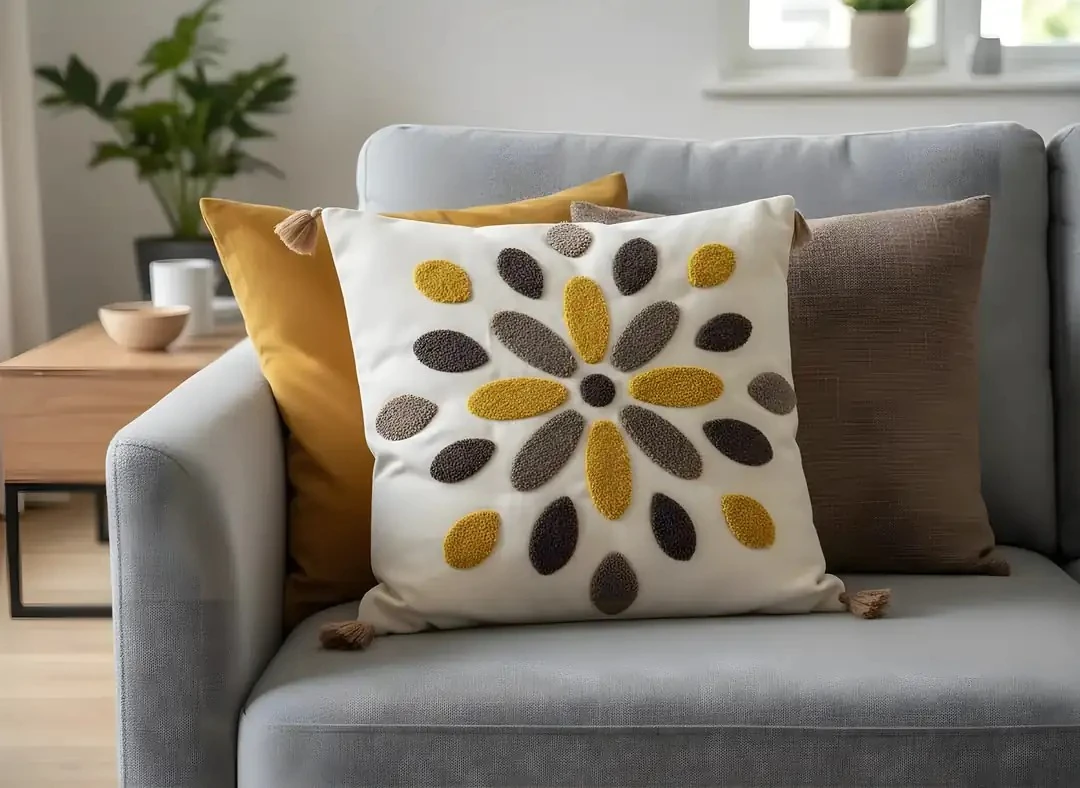 Dekomina Keten Püsküllü Punch Kırlent Kılıfı - Kahve Çekirdeği Mandala