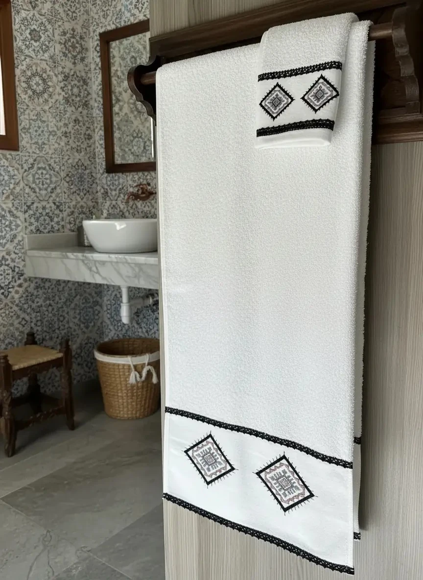 Dekomina Figürlü El ve Yüz Havlusu İkili Set - Bronz Geometrik Beyaz