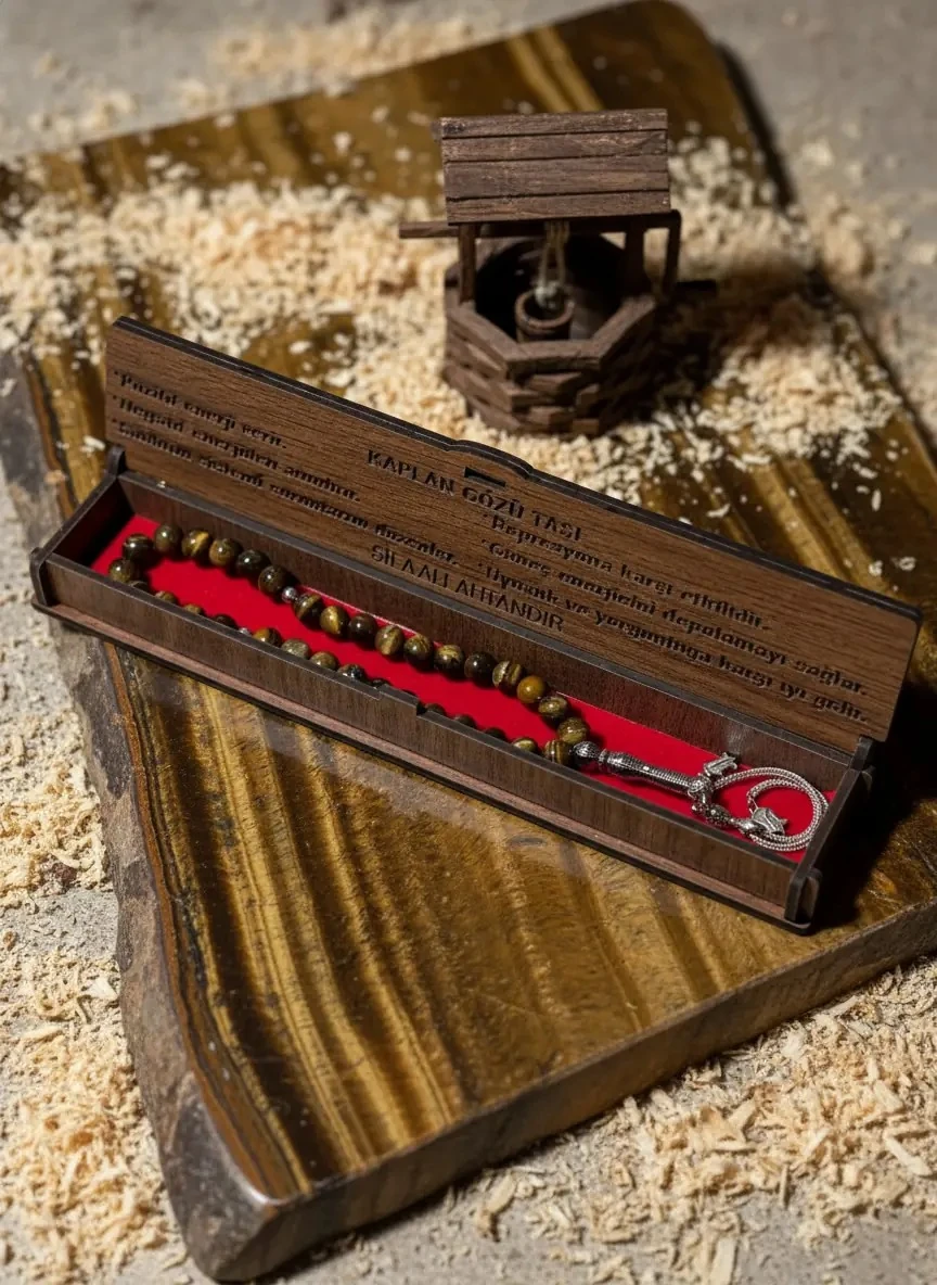 Dekomina Ahşap Kutulu Doğal Taş Tespih - Kaplangözü Taşı