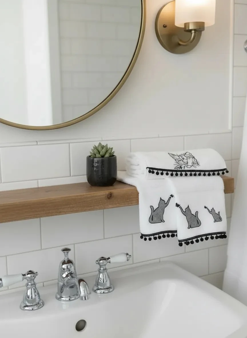 Dekomina Figürlü 2'li Yüz Havlu Seti - Kediler Beyaz2