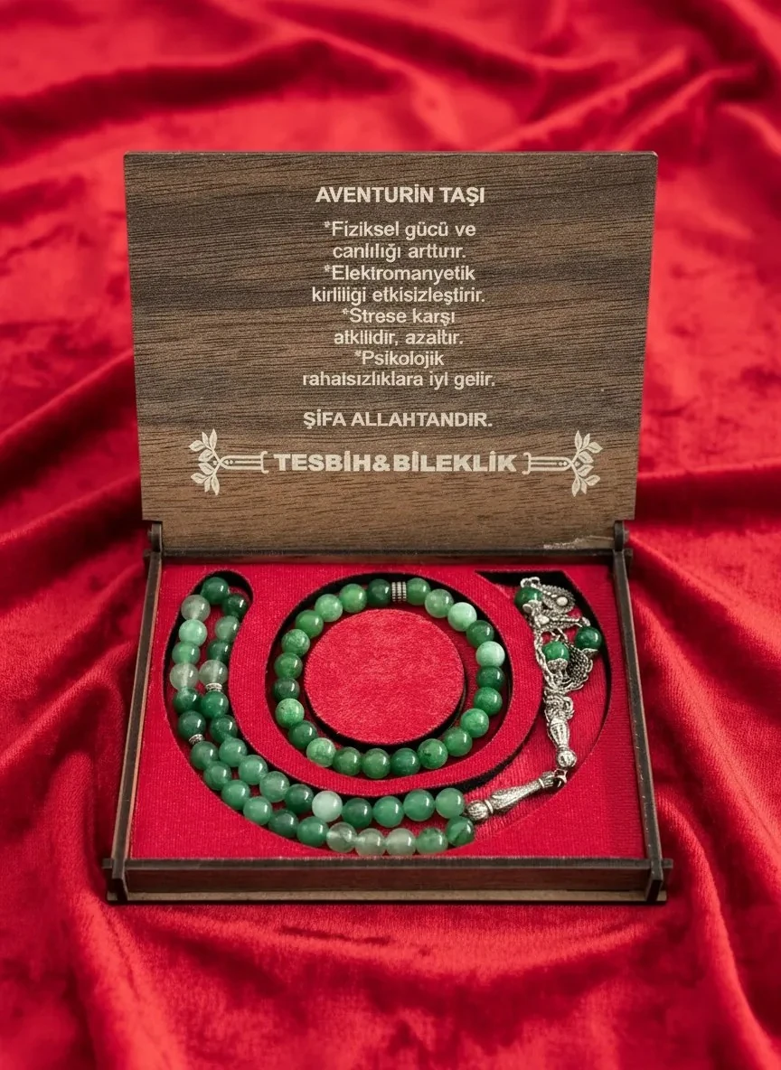 Dekomina Ahşap Kutulu Tesbih ve Bileklik Set - Aventurin Taşı