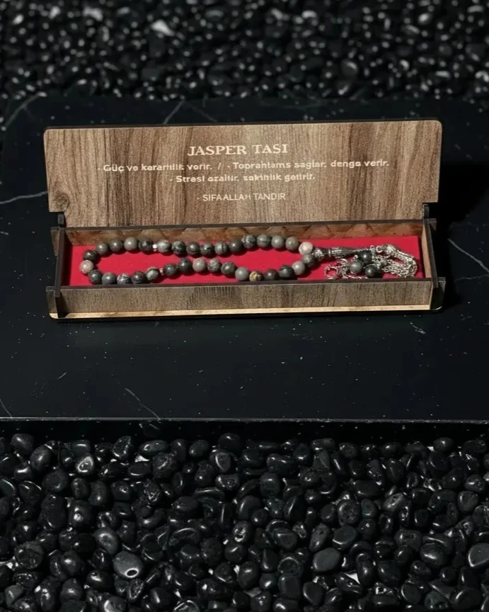 Dekomina Ahşap Kutulu Doğal Taş Tespih - Jasper Taşı