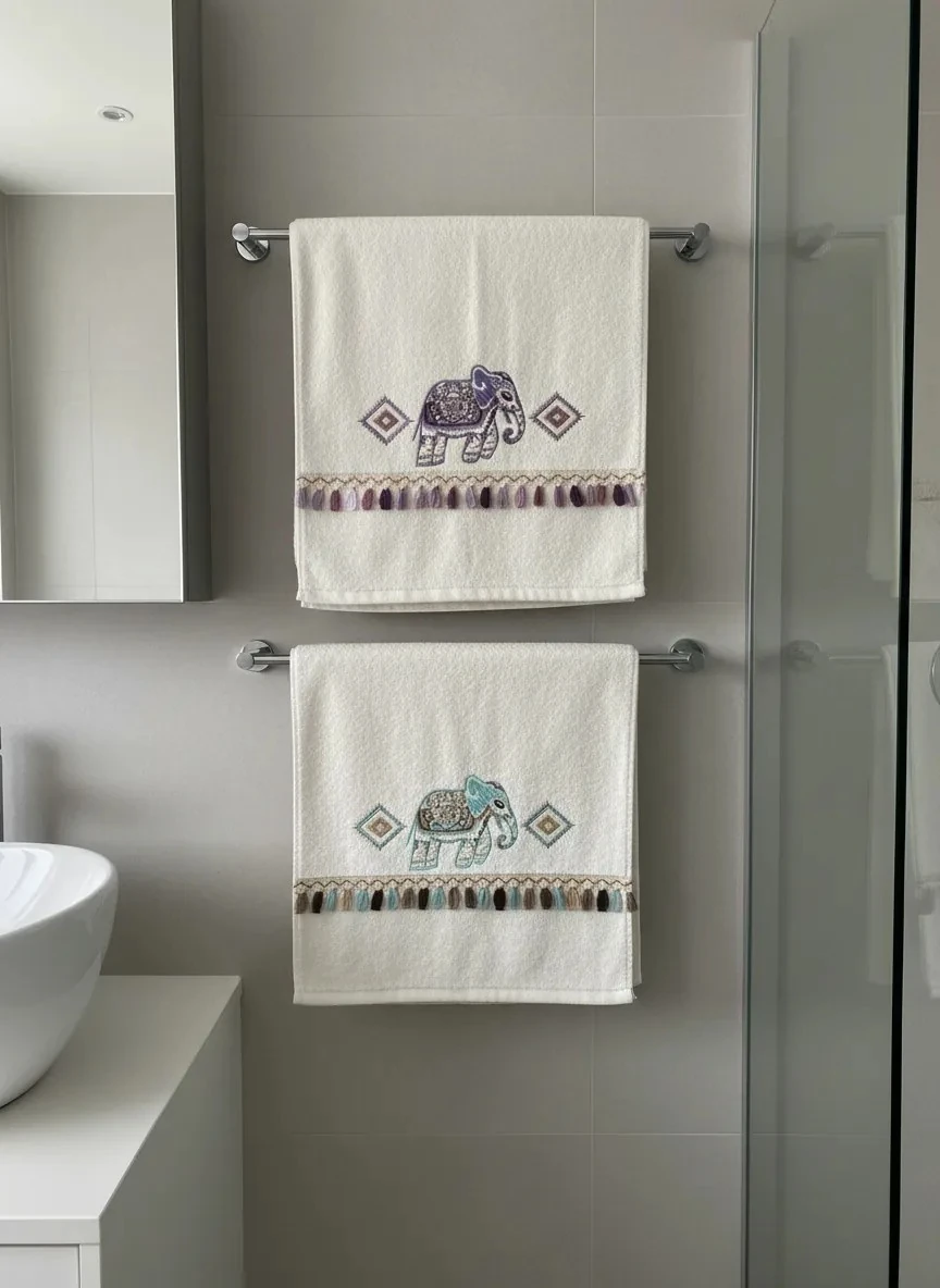 Dekomina Figürlü 2'li Yüz Havlu Seti - Eflatun-Turkuaz Fil2