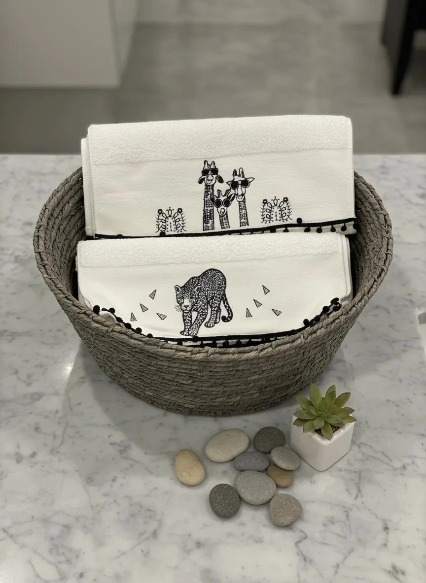 Dekomina Figürlü 2'li Yüz Havlu Seti - Zürafa Panter Beyaz