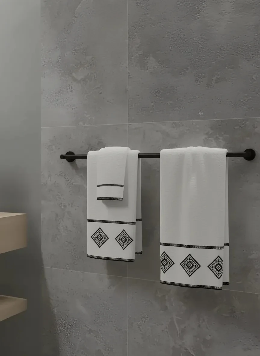 Dekomina Figürlü El ve Yüz Havlusu İkili Set - Gri Geometrik Beyaz